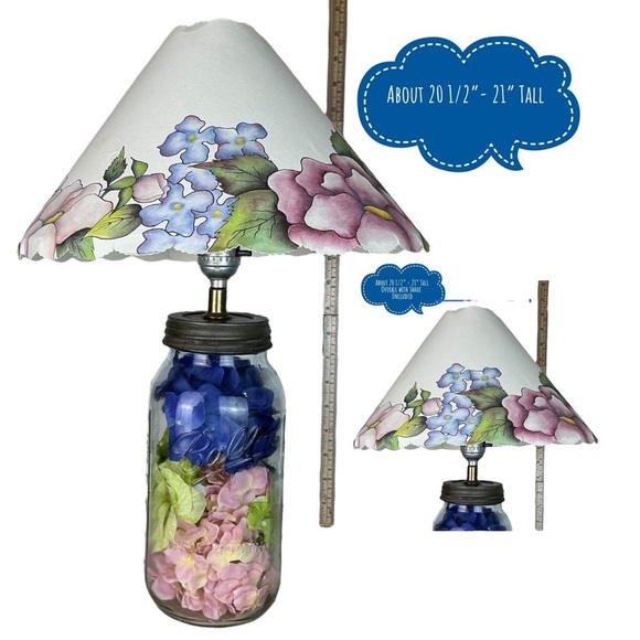 Vintage Mason Jar Lamp Hydrangea Floral Hand Crafted  21” with  Lamp Shade 1999 - Picture 5 of 16